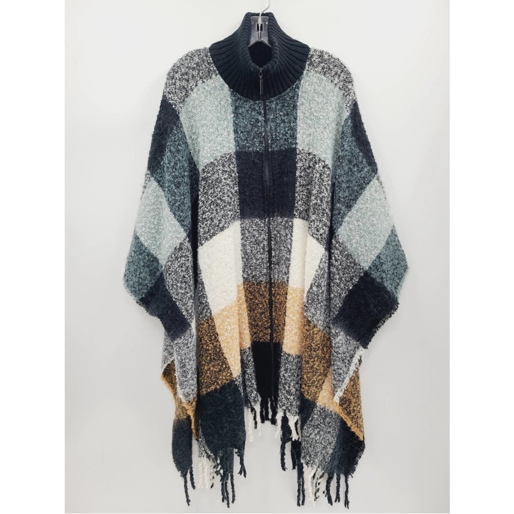 Andrew‎ Marc Block Print Poncho with Fringe FREE SIZE/ONE SIZE